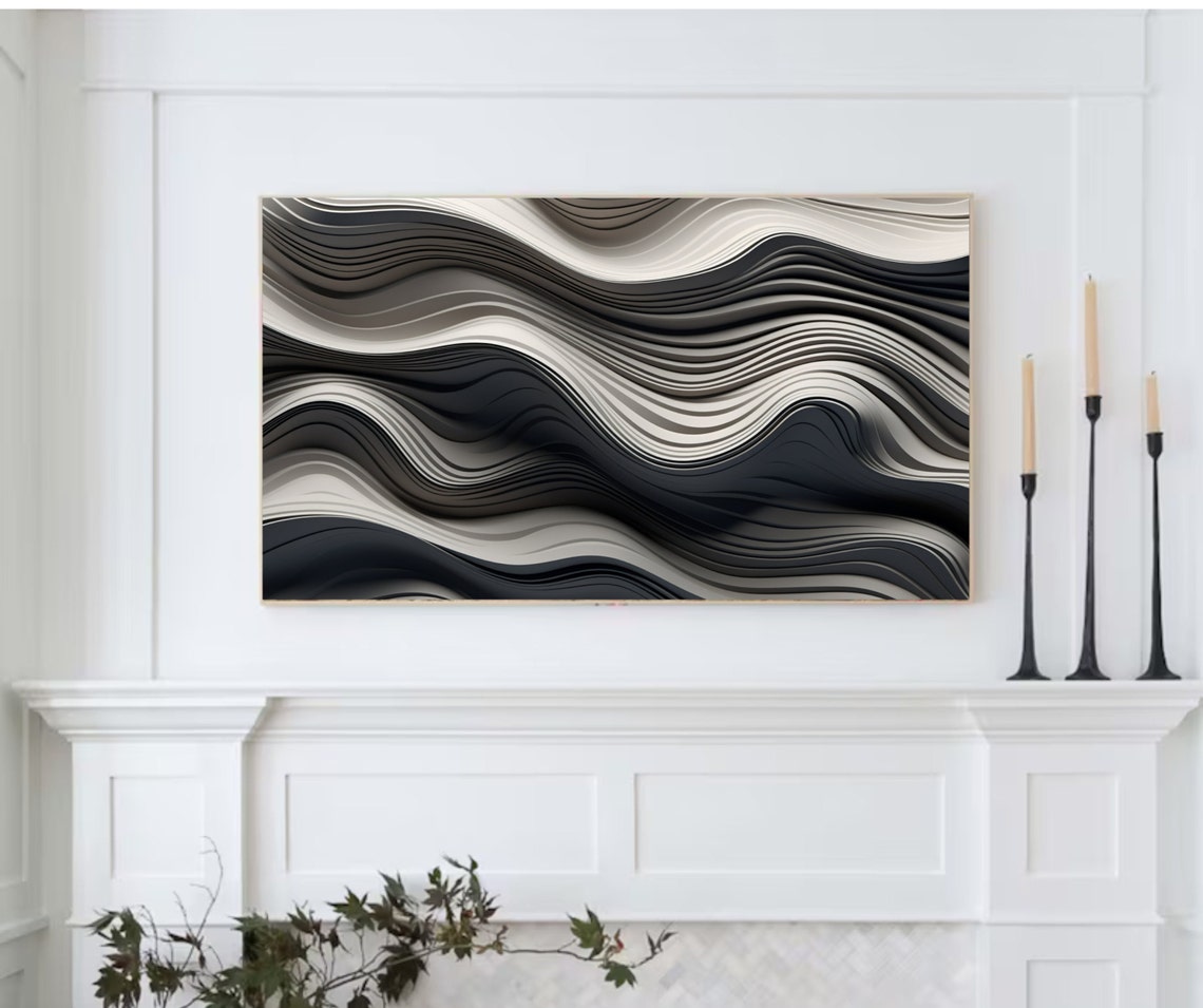 Black Gray Beige Wavy Lines Modern Minimalist Abstract Wall Art - Image 2