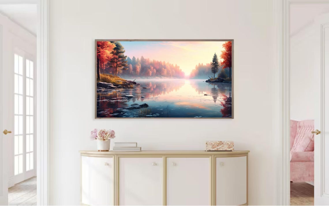 Misty Autumn Lake Sunrise Mirror Reflection Pines Landscape Poster - Image 2
