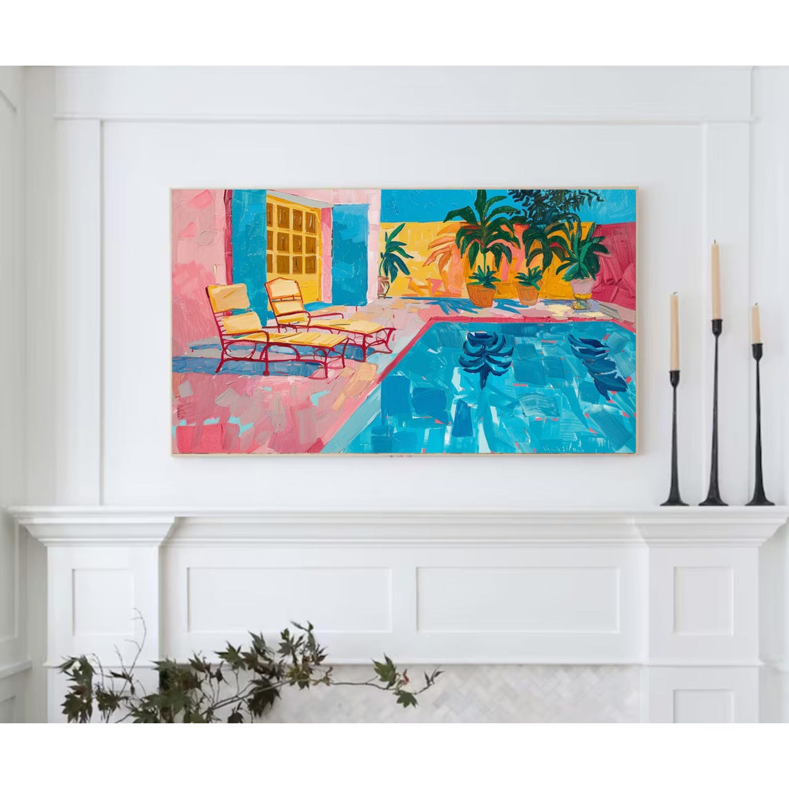 Colorful Poolside Terrace with Lounge Chairs Summer Resort Art Poster - Image 2