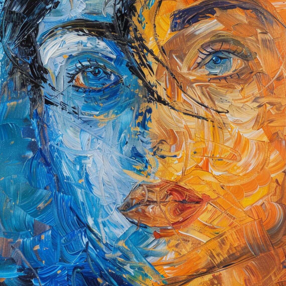 Blue Orange Impasto Woman Portrait Oil Painting Modern Art Print - Image 3