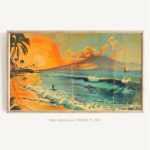Framed Beach Surf Art For Frame Tv Vintage Palm Scene Volcano Abstract Painting Beach Decor Art