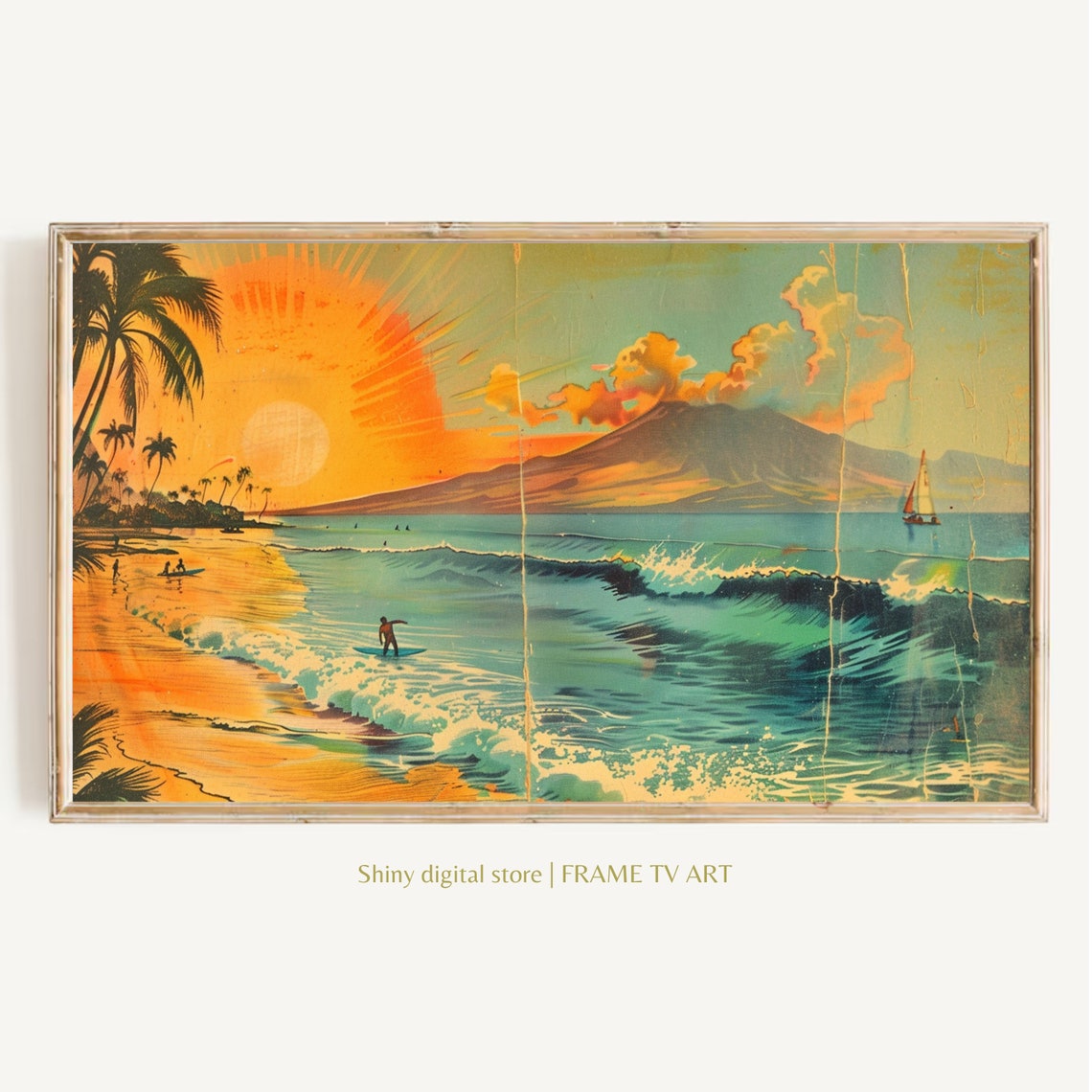 Framed Beach Surf Art For Frame Tv Vintage Palm Scene Volcano Abstract Painting Beach Decor Art