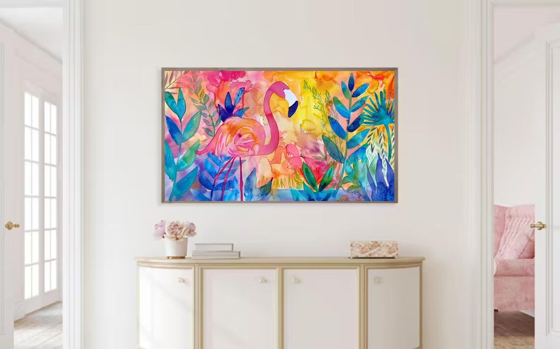 Pink Flamingo Tropical Foliage Rainbow Watercolor Bird Wall Art Poster - Image 2