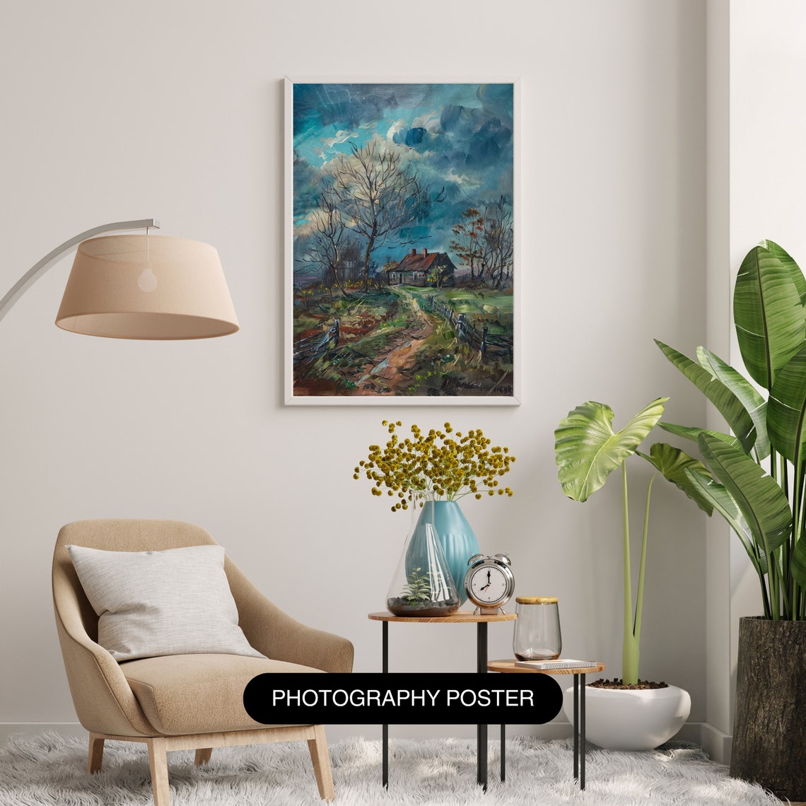 Moody Vintage Cottage Winter Trees Stormy Sky Antique Poster - Image 2