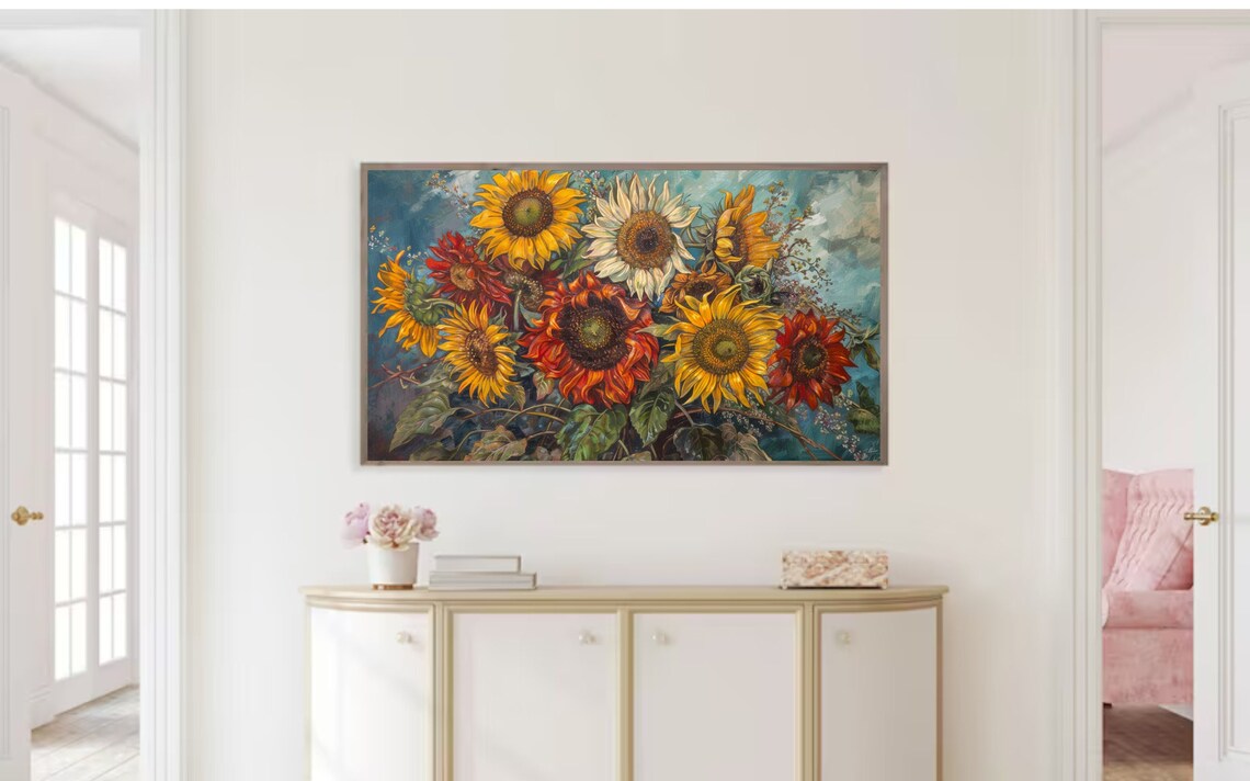 Sunflower Bouquet Yellow Red White Blooms Vintage Floral Art Print - Image 2