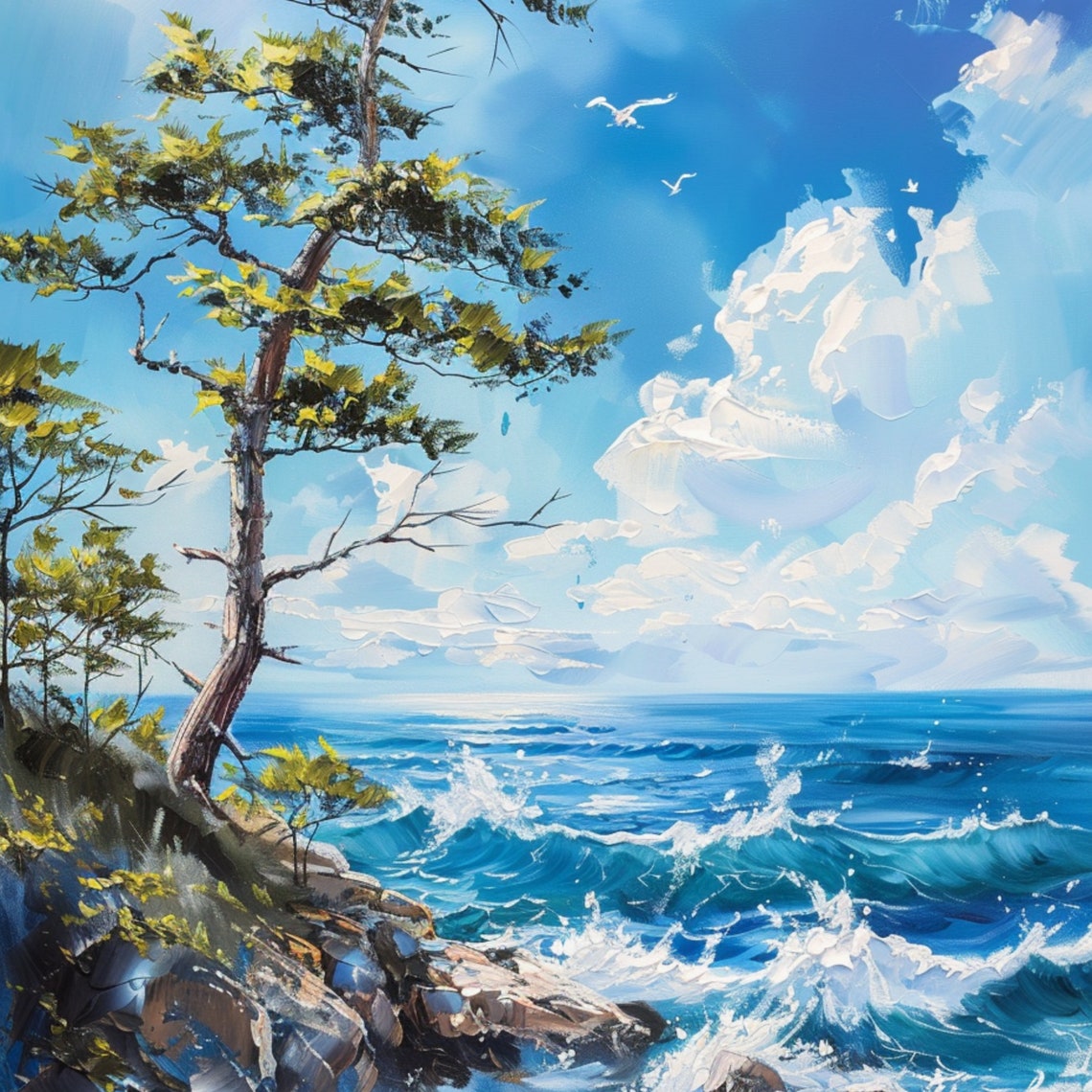 Windswept Pine Tree Cliff Ocean Waves Seascape Oil Painting Poster - Image 3