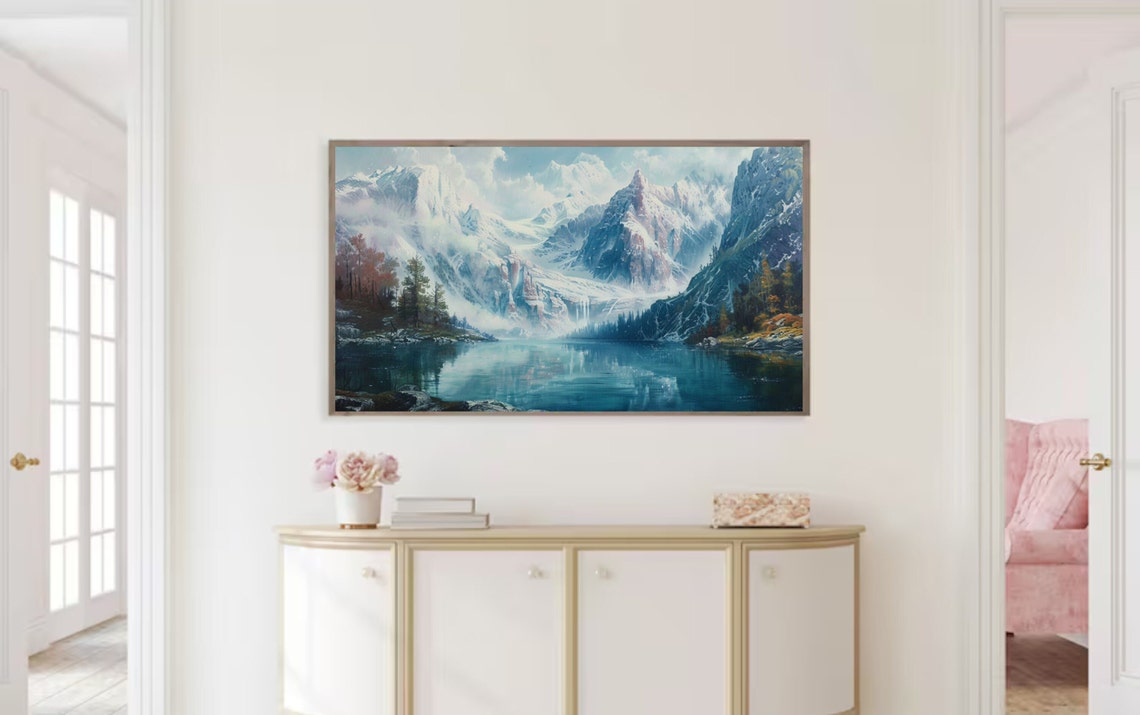 Snowy Alpine Peaks Misty Mountain Lake Reflection Winter Poster - Image 2
