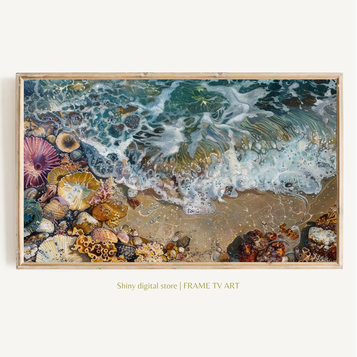 Ocean Waves Over Seashells Beach Aerial Coastal Water Summer Wall Art Print