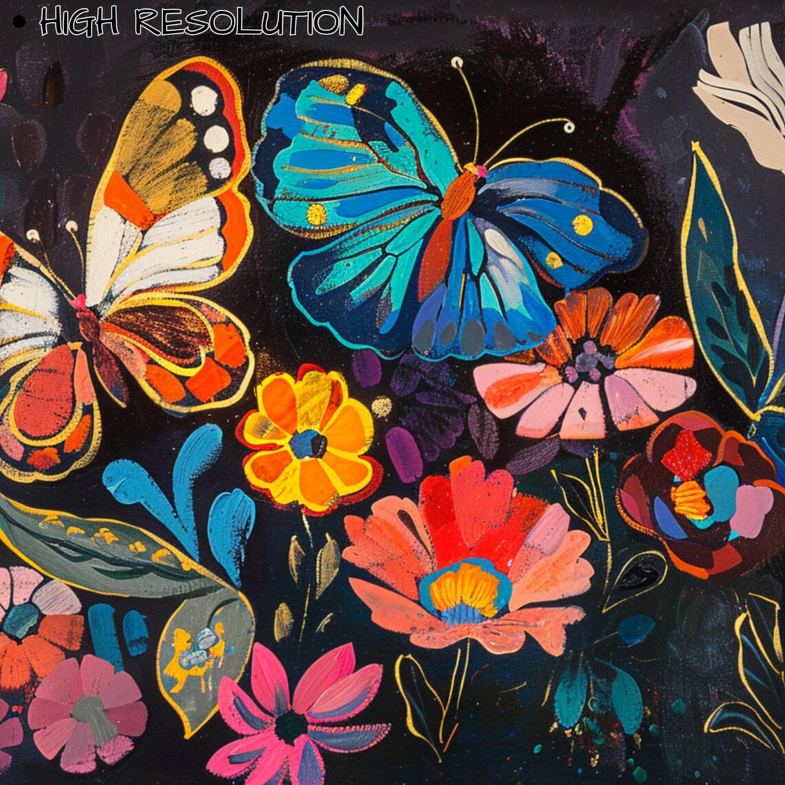 Orange Blue Butterflies Zinnia Blossoms Dark Botanical Art Poster - Image 3