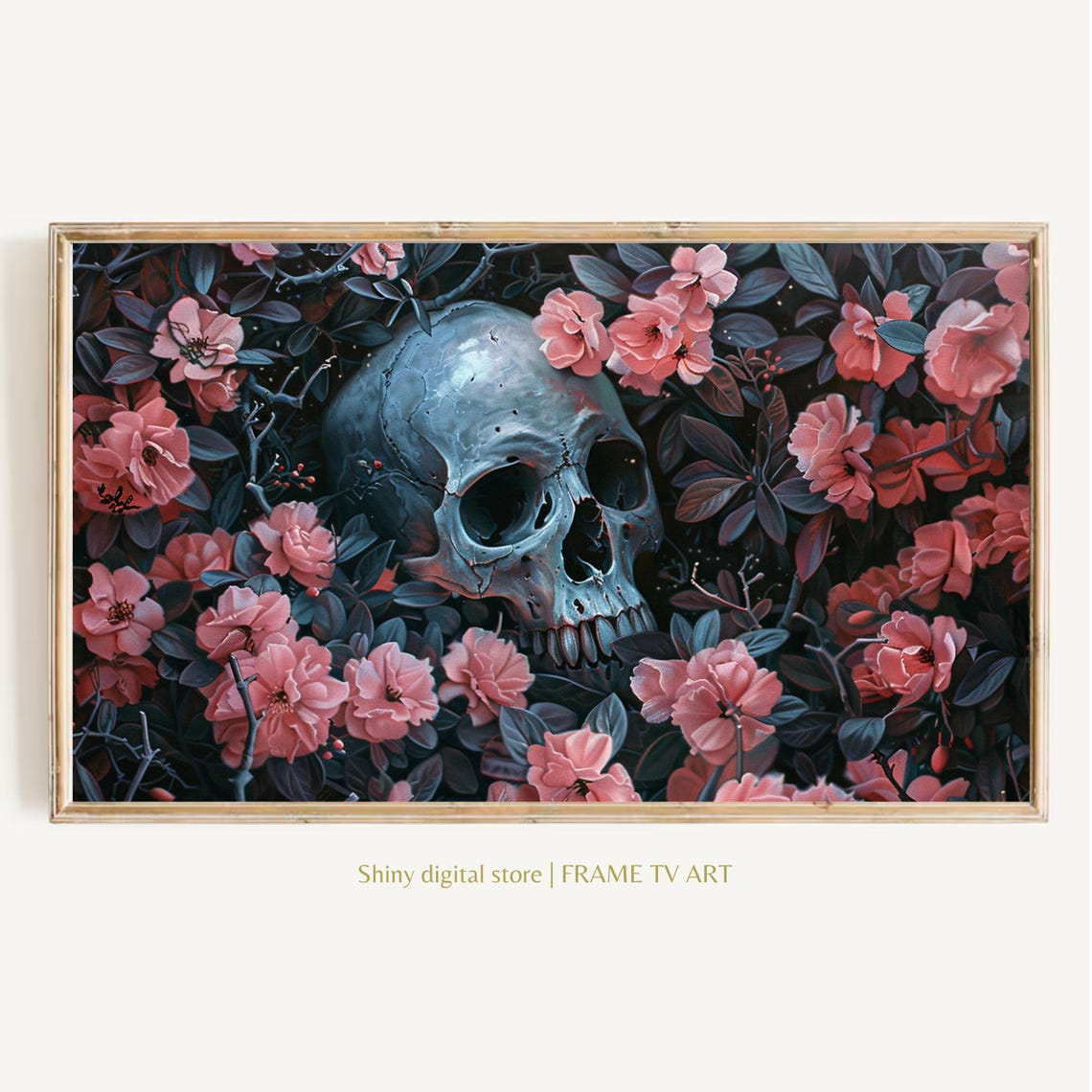 Skull Among Pink Blossoms Dark Botanical Halloween Gothic Art Poster