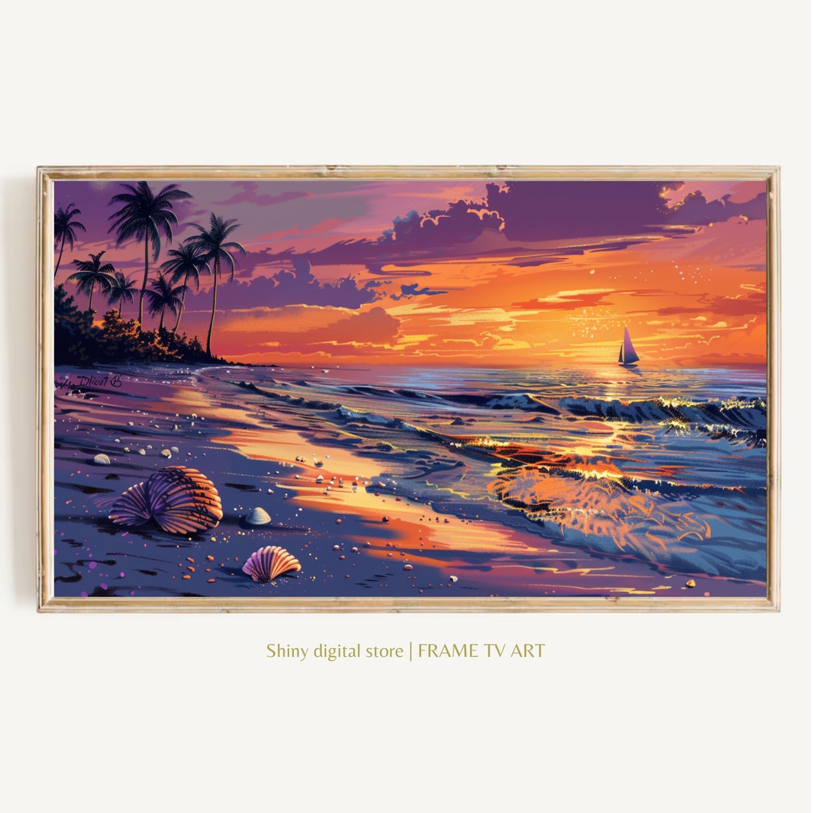 Tropical Beach Sunset Palm Trees Sailboat Seashells Coastal Art Poster