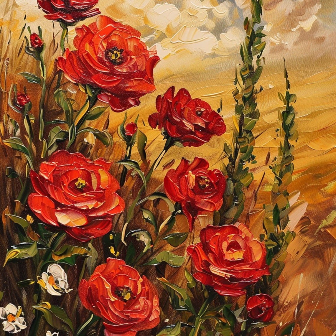 Red Rose Blooms Golden Cloudy Sky Impasto Romantic Floral Art Poster - Image 2