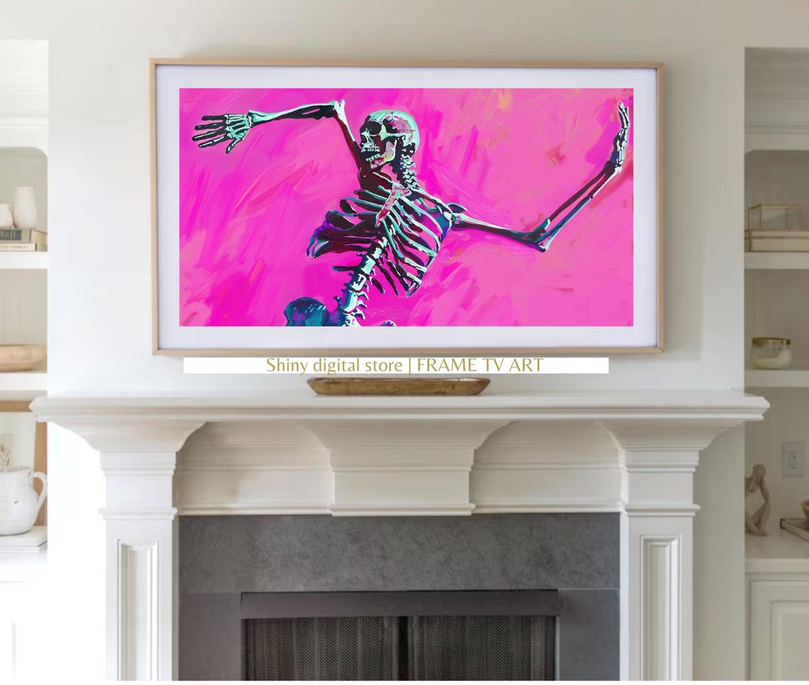 Dancing Skeleton Hot Pink Background Halloween Pop Art Poster - Image 3