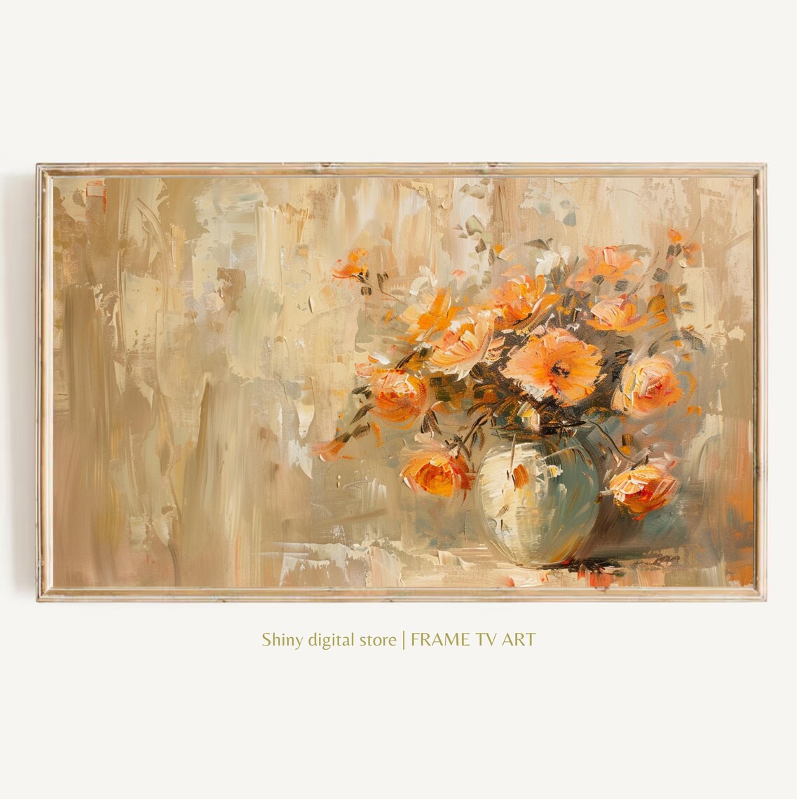 Orange Autumn Bouquet in Vase Neutral Textured Oil Floral Wall Art