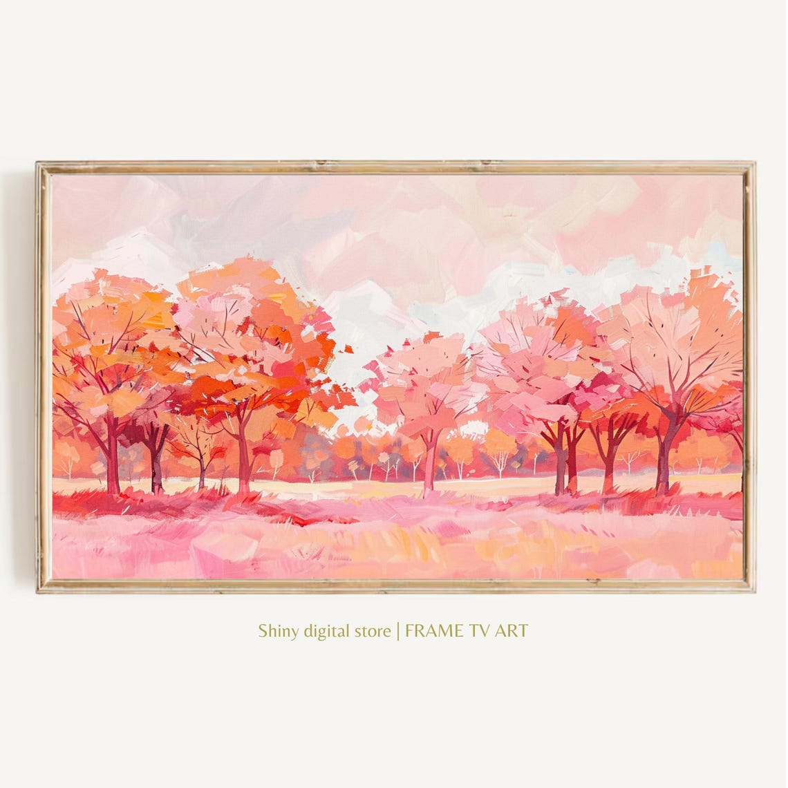 Pink Coral Autumn Tree Line Soft Fall Landscape Pastel Wall Art