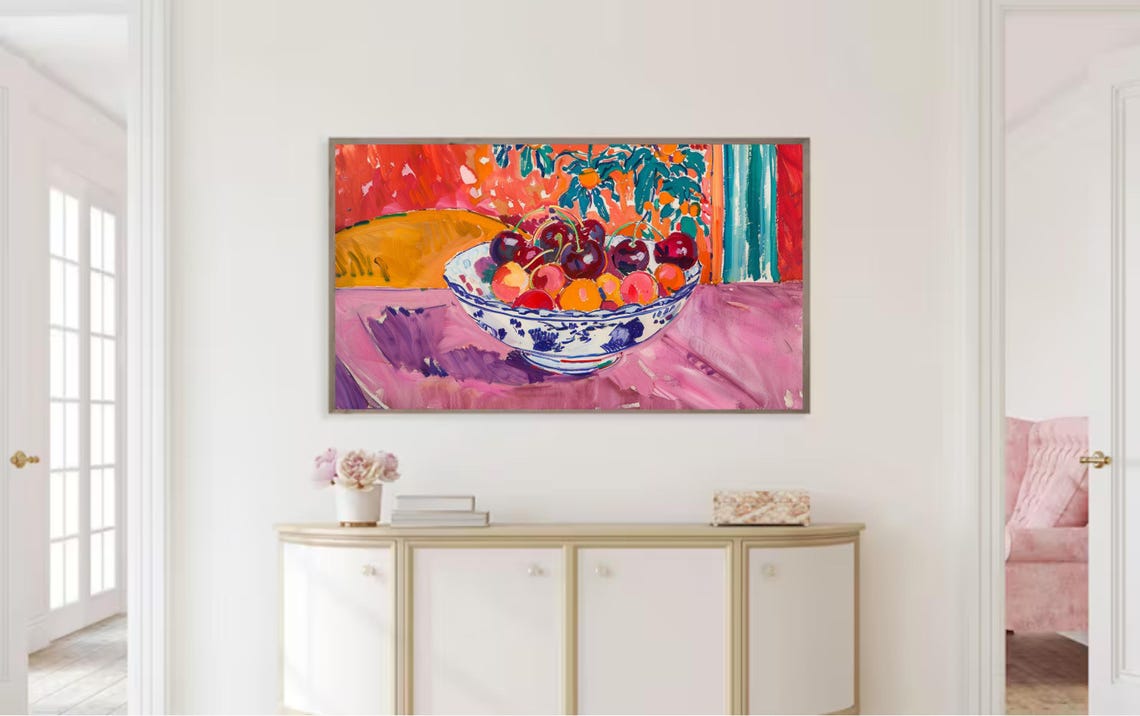 Cherry Bowl Still Life Colorful Fruit Painting Kitchen Art Poster - Image 2