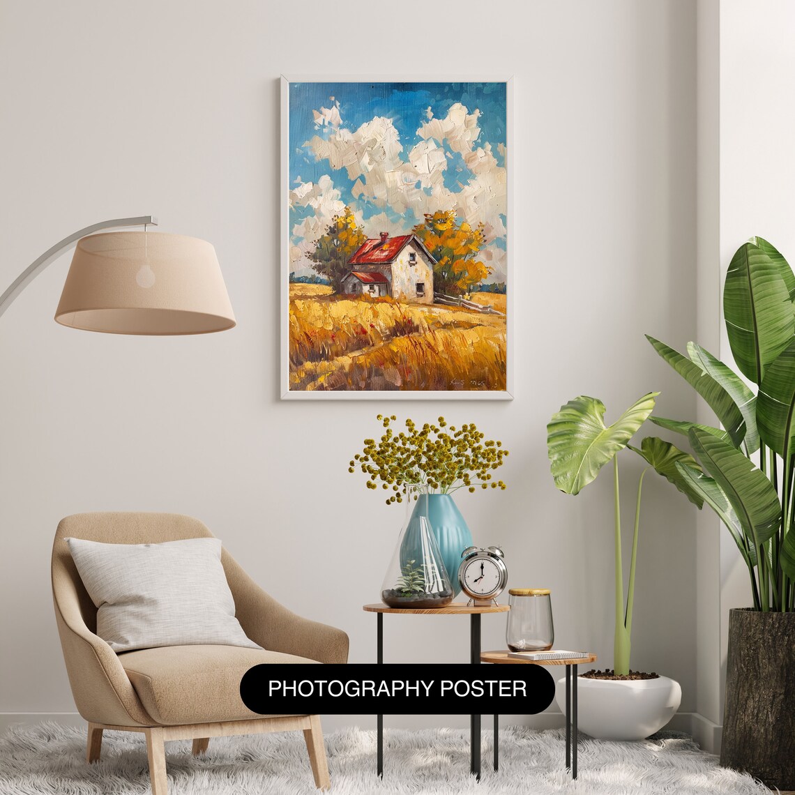 Summer Farmhouse Red Roof Golden Wheat Field Sunny Vintage Poster - Image 3