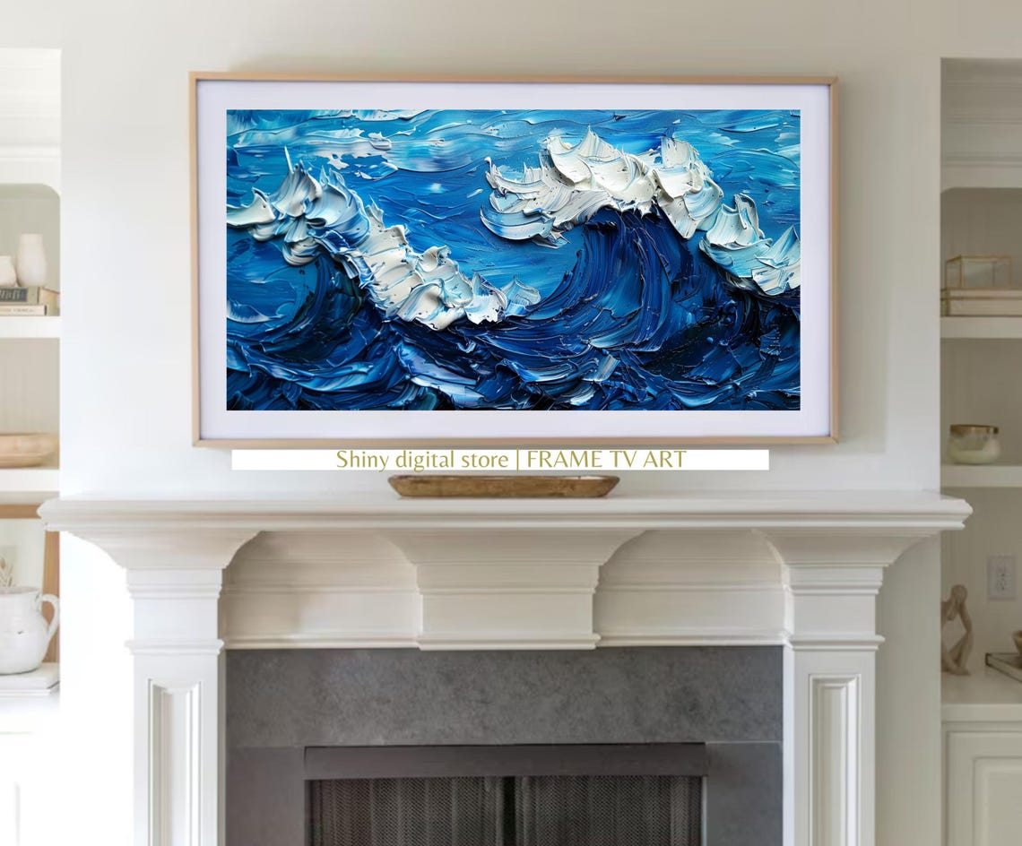 Blue Ocean Waves White Foam Textured Impasto Seascape Painting Poster - Image 3