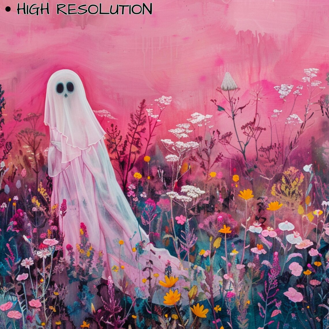Pink Ghost In Wildflower Meadow Dreamy Halloween Floral Poster - Image 3