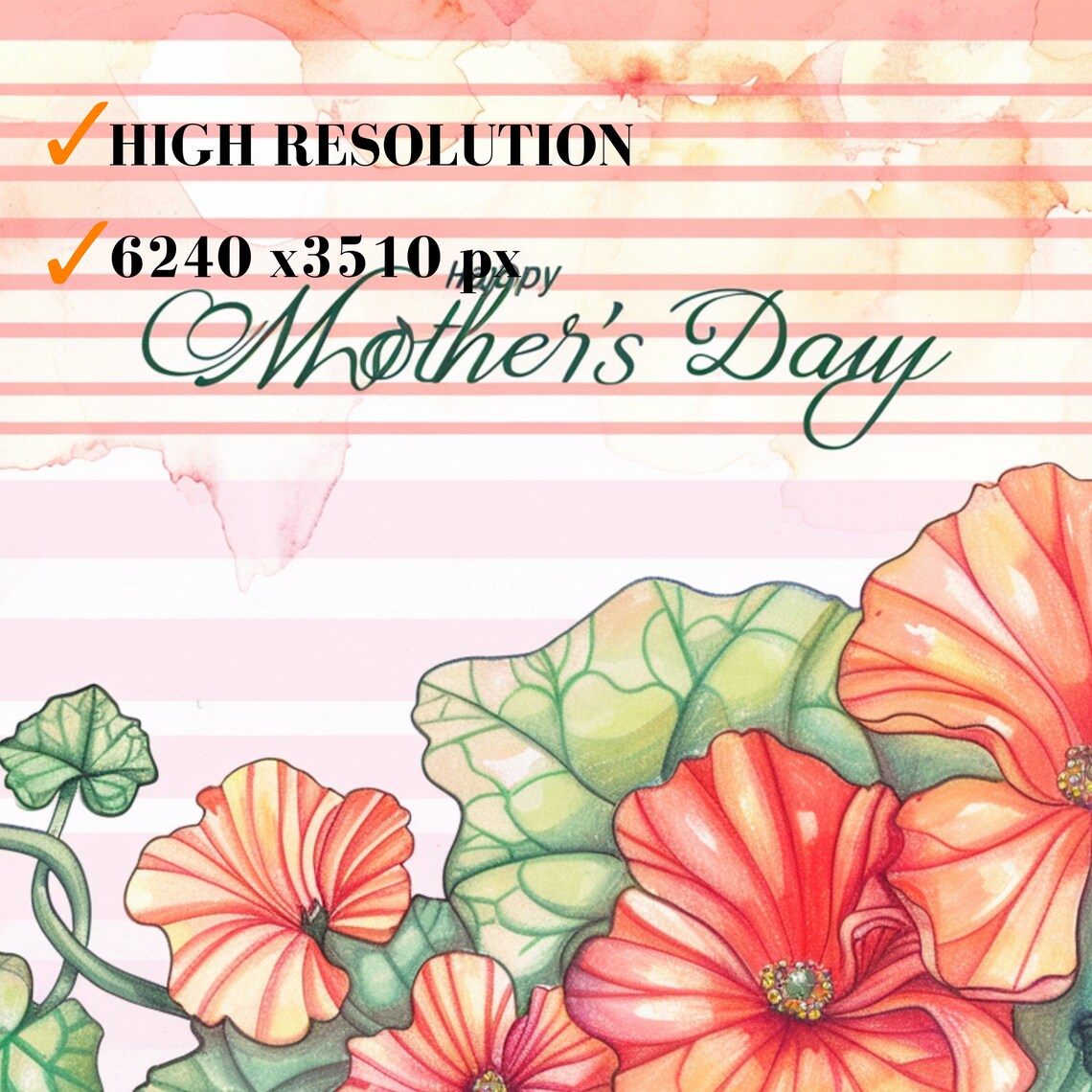 Happy Mothers Day Pink Stripes Coral Morning Glory Floral Art Poster - Image 3