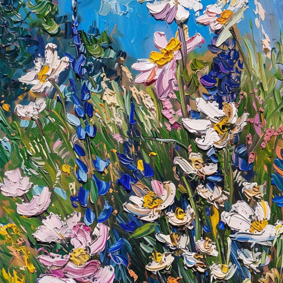 White Cosmos Blue Wildflowers Field Impasto Oil Painting Art Print - Image 3