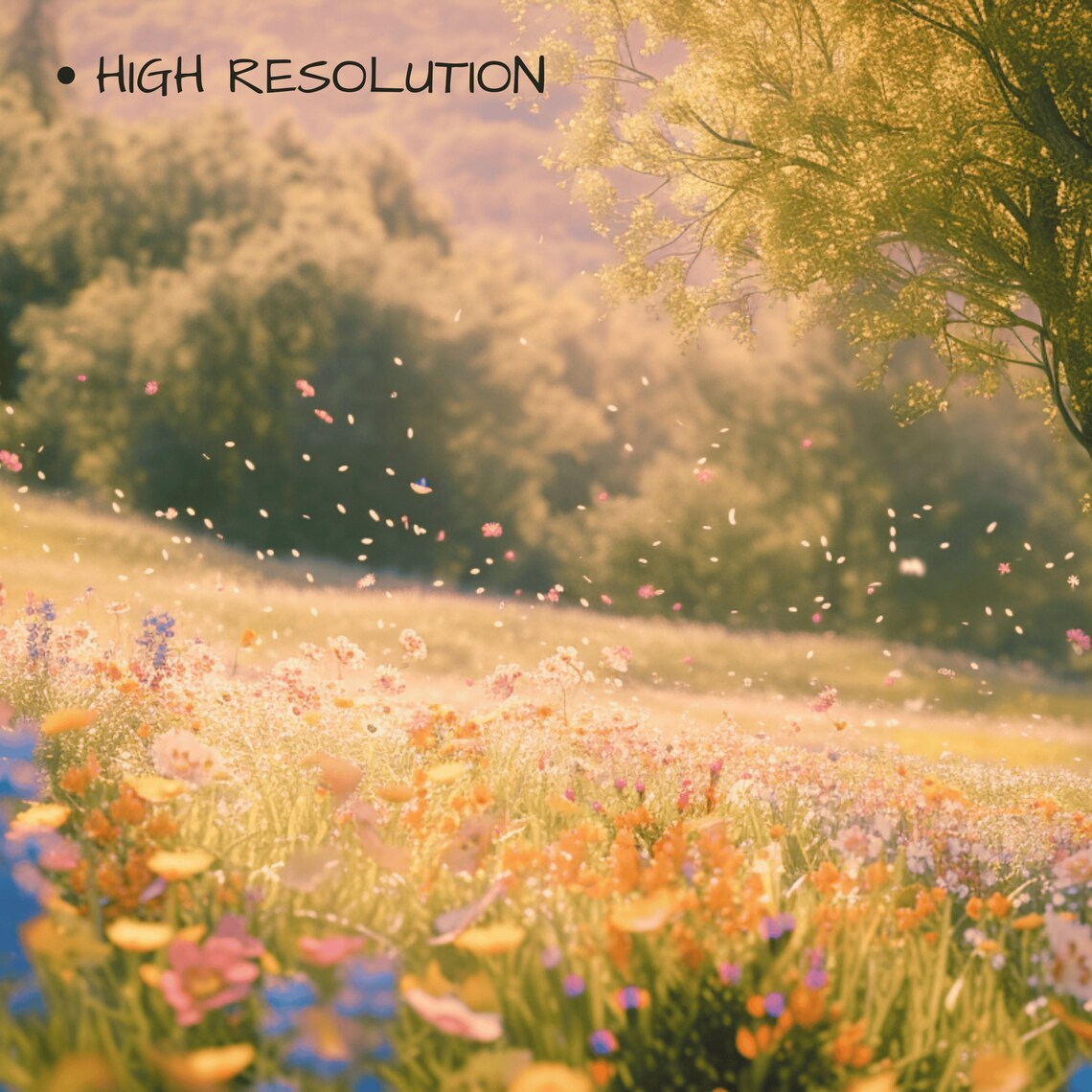 Sunlit Wildflower Meadow Golden Tree Morning Light Nature Field Poster - Image 3