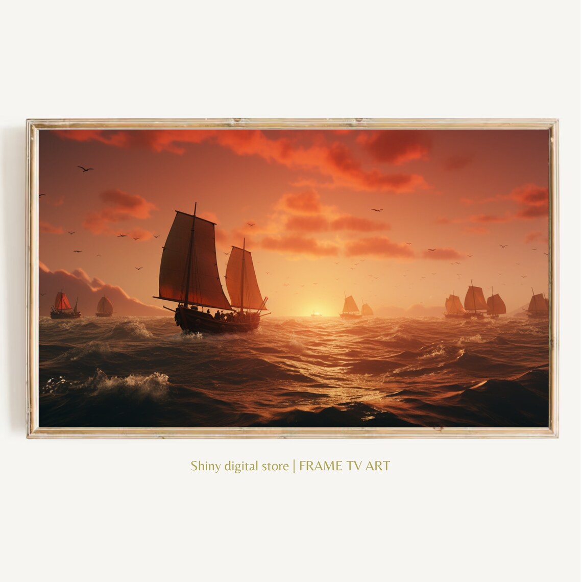 Tall Sailing Ships Sunset Orange Sea Birds Vintage Nautical Art Poster