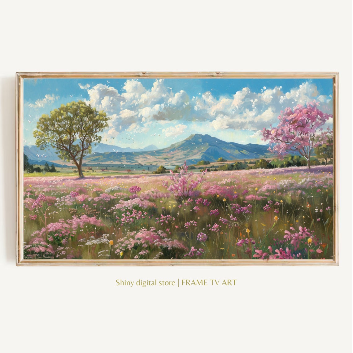 Pink Wildflower Field Spring Meadow Mountain View Vintage Poster