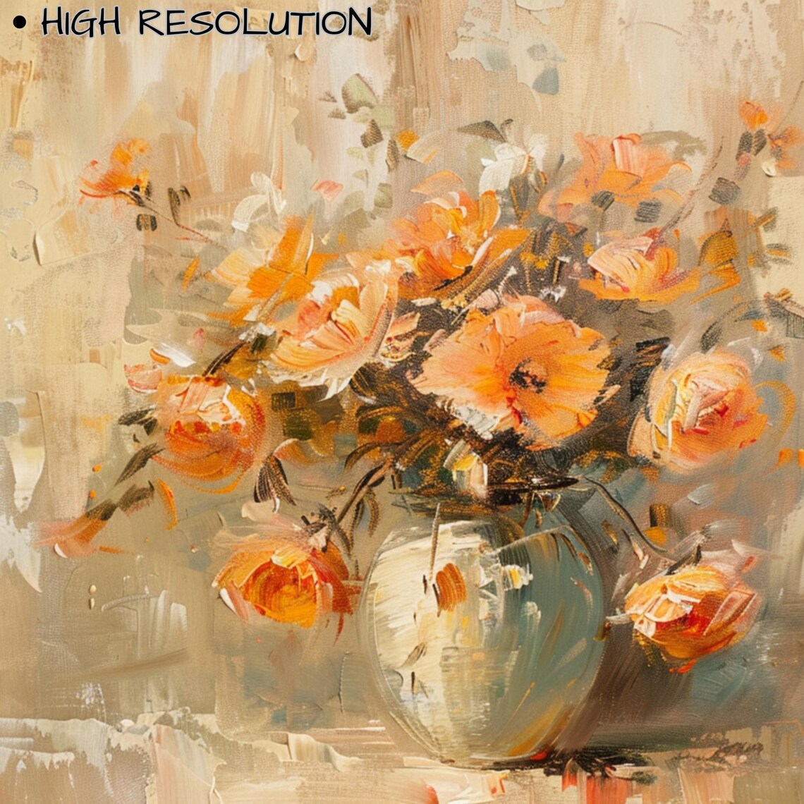 Orange Autumn Bouquet in Vase Neutral Textured Oil Floral Wall Art - Image 3