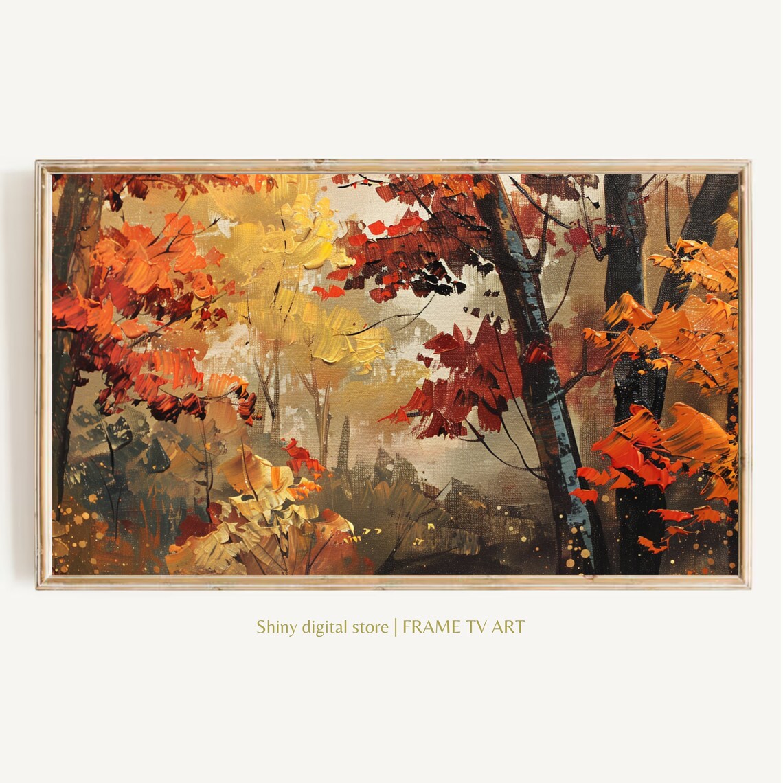 Autumn Birch Trees Red Orange Oil Painting Thick Impasto Fall Poster
