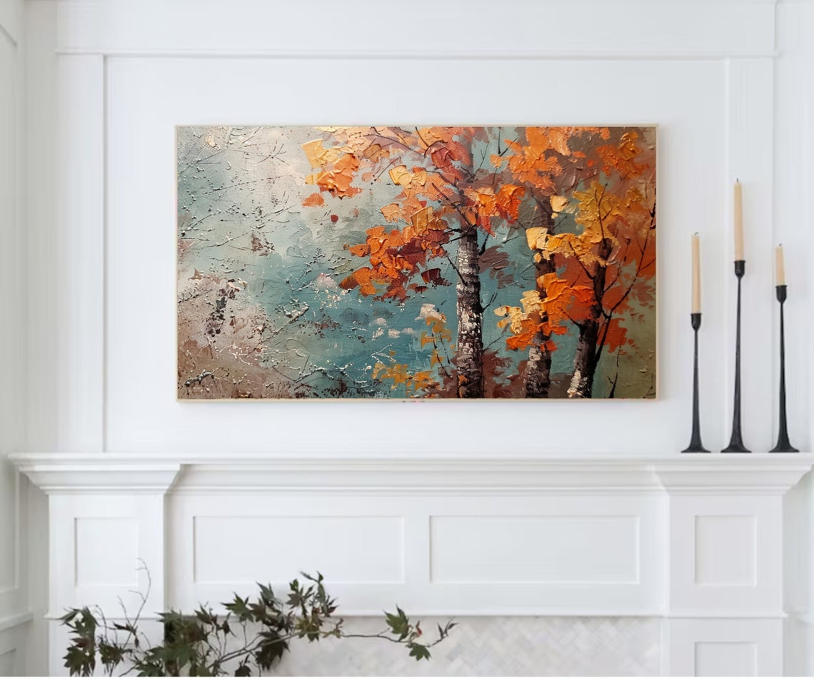Autumn Birch Trees Impasto Fall Leaves Textured Painting Wall Art - Image 2