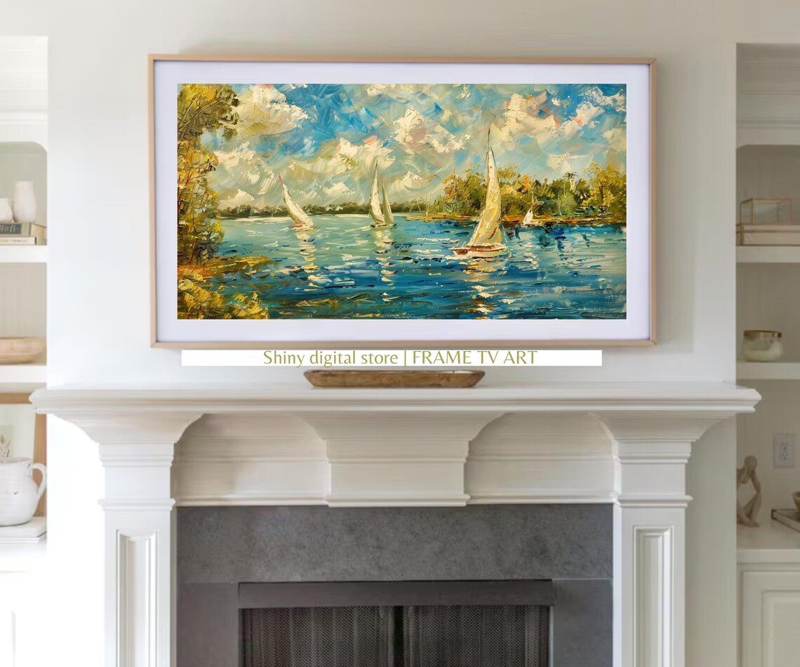 Sailboats On Blue Lake Sunny Clouds Impressionist Painting Poster - Image 3