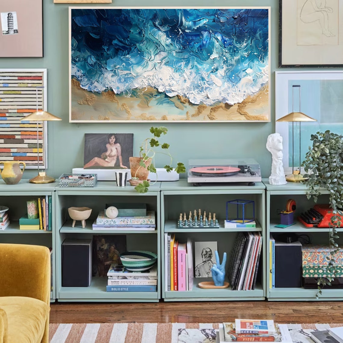 Abstract Ocean Waves Impasto Aerial Blue Sea Foam Coastal Art Poster - Image 2