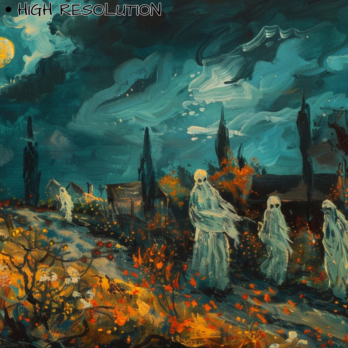 Spooky Ghosts Moonlit Autumn Road Night Sky Halloween Art Poster - Image 3