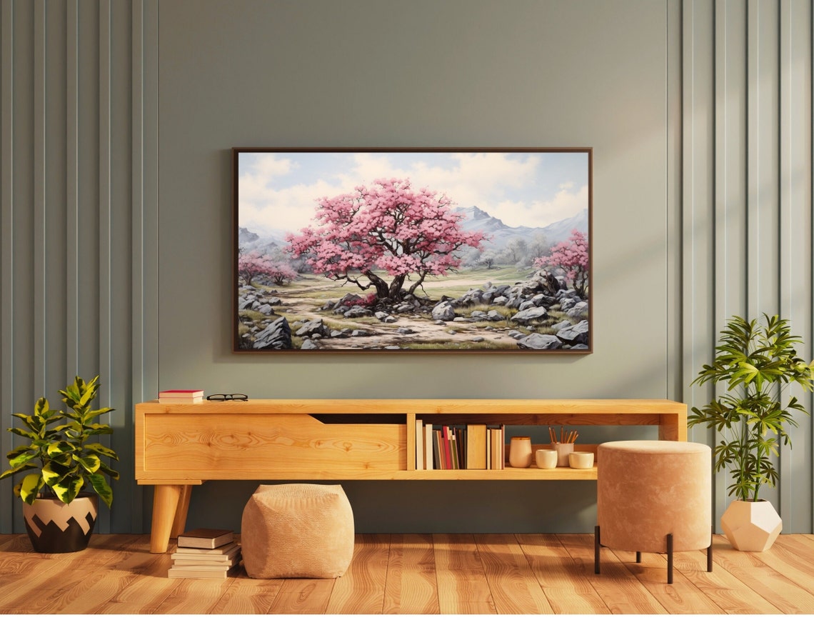 Pink Blossom Tree Rocky Field Mountains Spring Landscape Art Print - Image 3