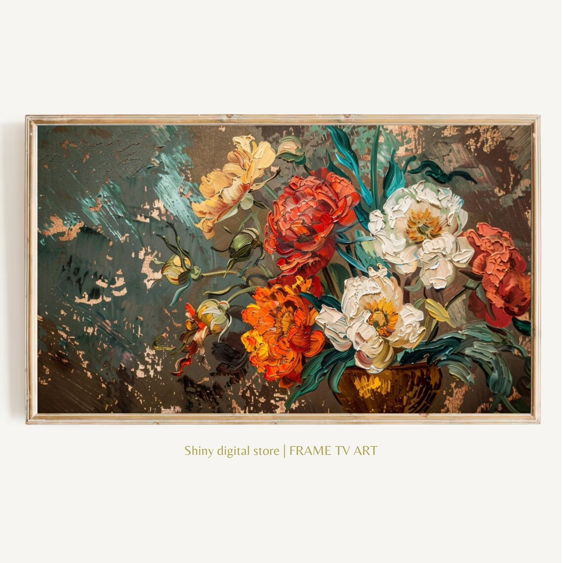 Vintage Peonies Bouquet White Red Flowers Moody Oil Painting Poster