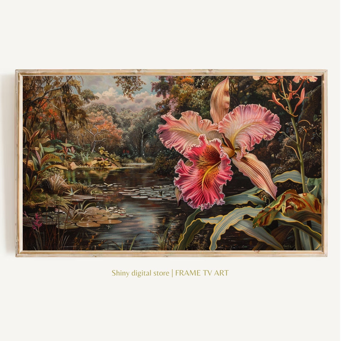 Pink Orchid Bloom Forest Pond Botanical Painting Sunset Wall Art
