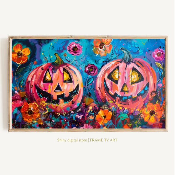 Frame Tv Art Halloween Pink Pumpkins Cute Colorful Blush Toned Jack O Lantern Art File Cute Coquette Floral Aesthetic