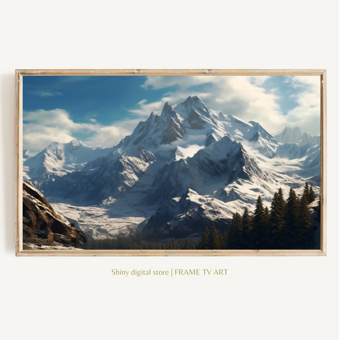 Snowy Mountain Range Blue Sky Pine Trees Winter Landscape Poster