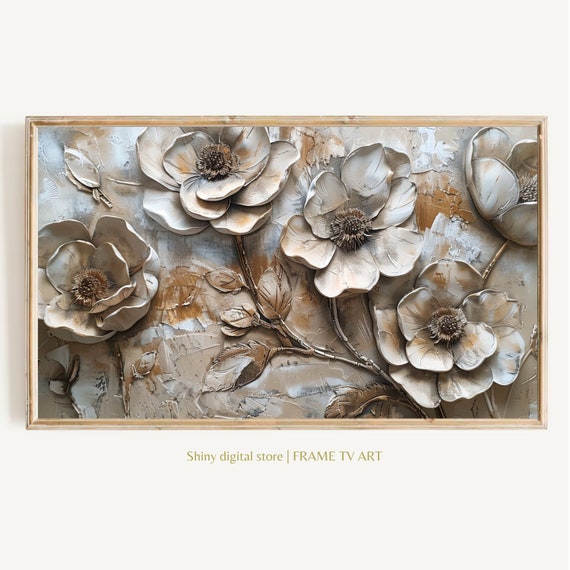 Frame Tv Art Floral Rustic Painting Textured Flower 3d Art For Frame Tv With Neutral Tones First Mothers Day Present
