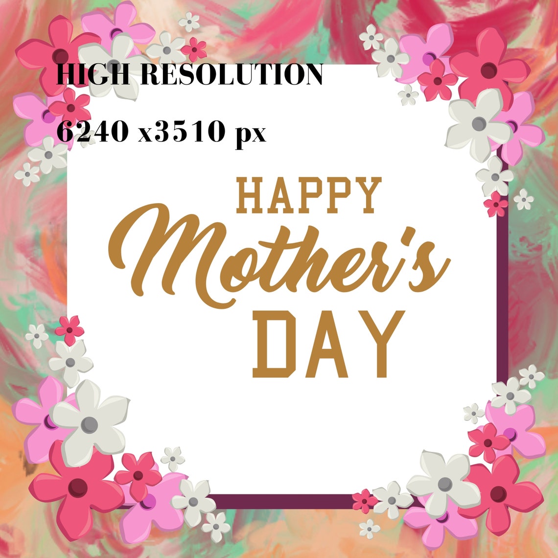 Happy Mothers Day Gold Script Pink Floral Card Style Frame TV Wall Art - Image 3