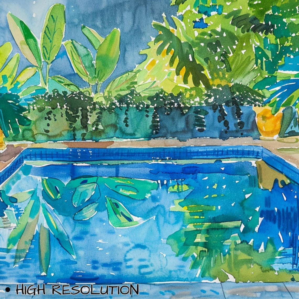 Tropical Swimming Pool with Lush Greenery Watercolor Vacation Poster - Image 3