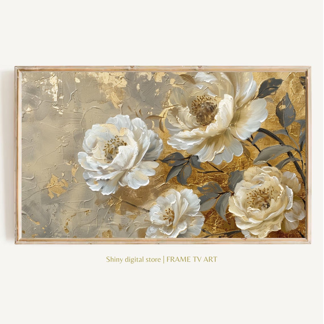 White Peonies with Gold Leaf Neutral Floral Oil Painting Wall Art