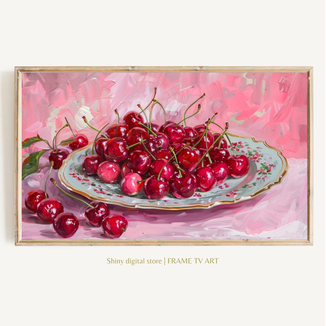 Red Cherries Still Life Porcelain Plate Pink Kitchen Art Poster