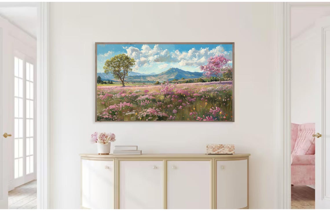 Frame Tv Art Pink Wildflowers Spring Field Of Flowers Tv Art Vintage Meadow Floral Tv Art Cottagecore Tv Art - Image 2