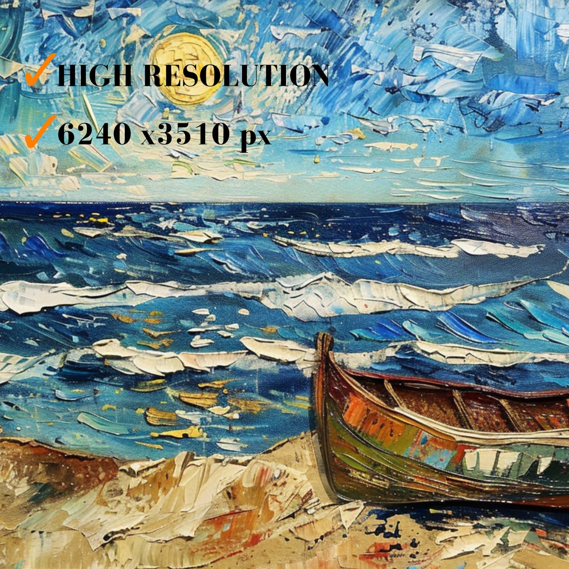 Moonlit Ocean Waves Wooden Rowboat On Sandy Shore Night Poster - Image 3