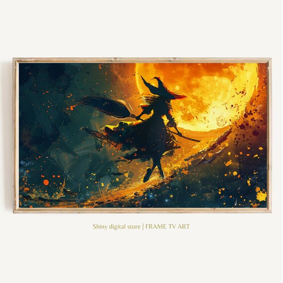 Witch Silhouette Flying Across Blazing Full Moon Halloween Night Wall Art