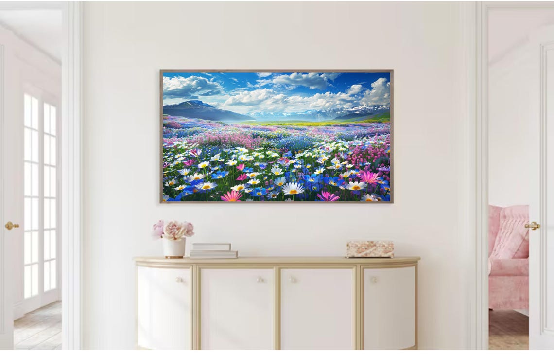Frame Tv Art Summer Wildflower Field Painting Vintage Spring Field Of Daisy Flowers Tv Art Warm Tone Cottagecore Tv Art - Image 2