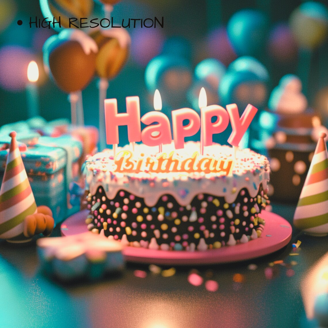 Happy Birthday Cake Party Hats Balloons Celebration Wall Art Print - Image 3