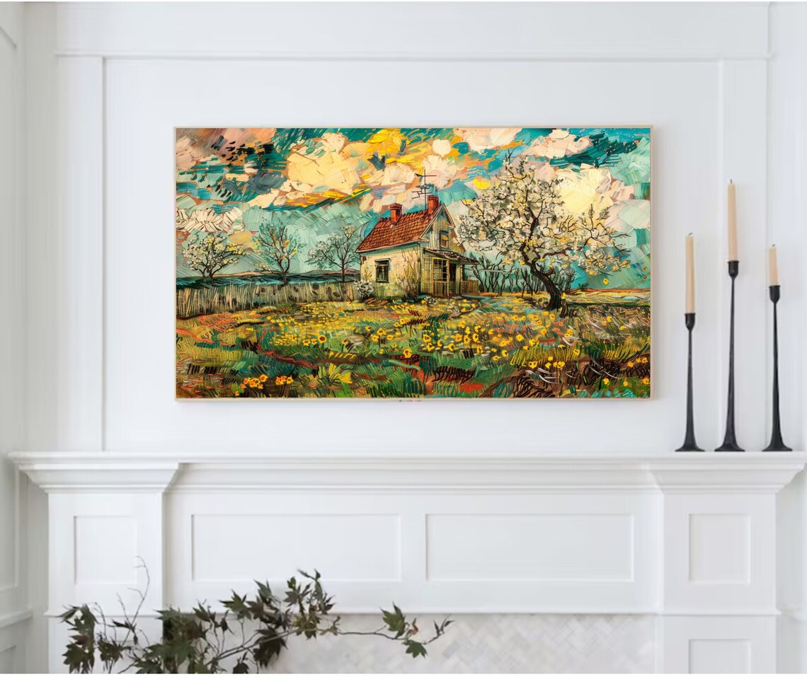 Van Gogh Style Cottage Blossom Trees Impasto Spring Art Poster - Image 2